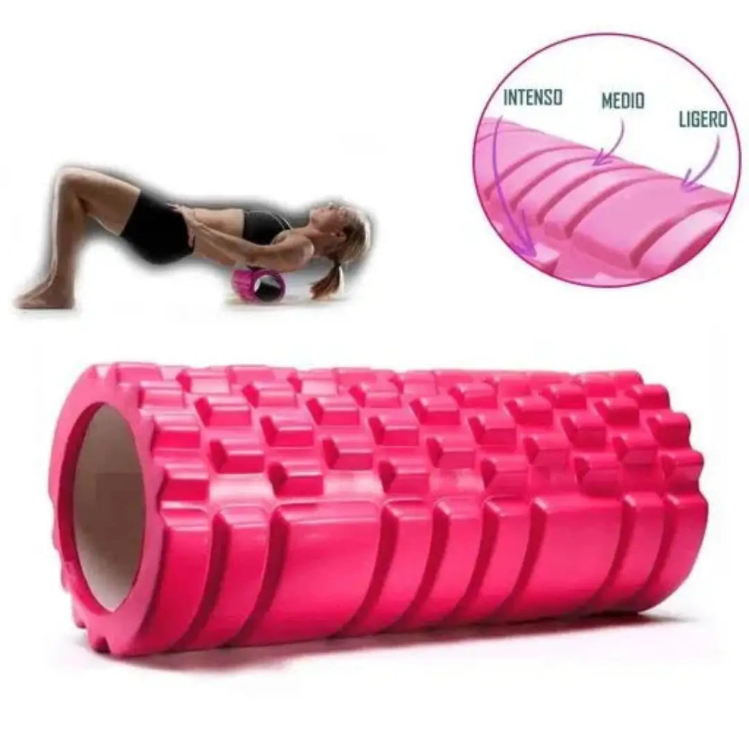 Rodillo de masajes foam roller fucsia de 45 cm con gráfico explicativo de niveles de presión (intenso, medio, ligero) y modelo en uso para la espalda.