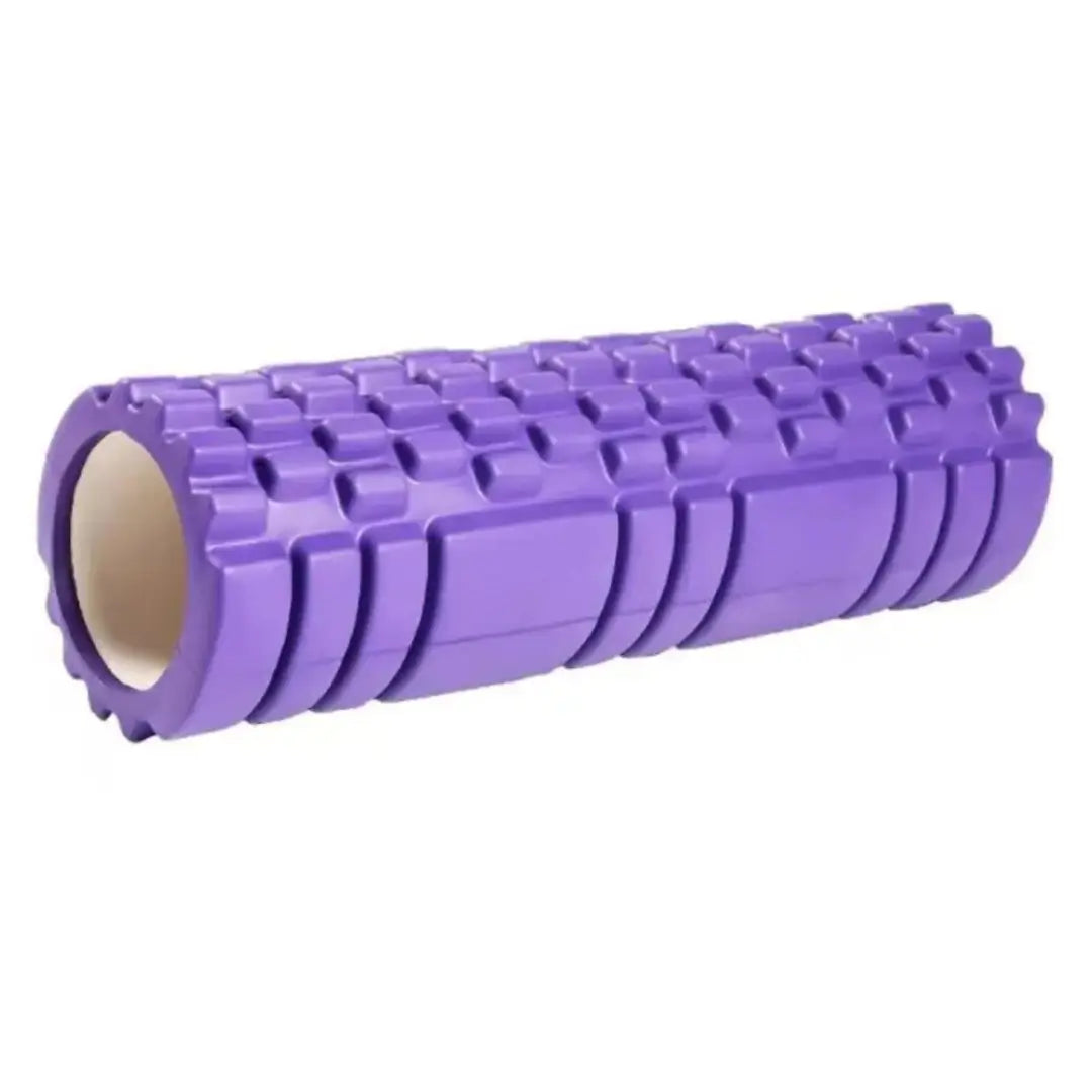 Rodillo miofascial foam roller de 45 cm color morado con textura de alta densidad para alivio muscular.