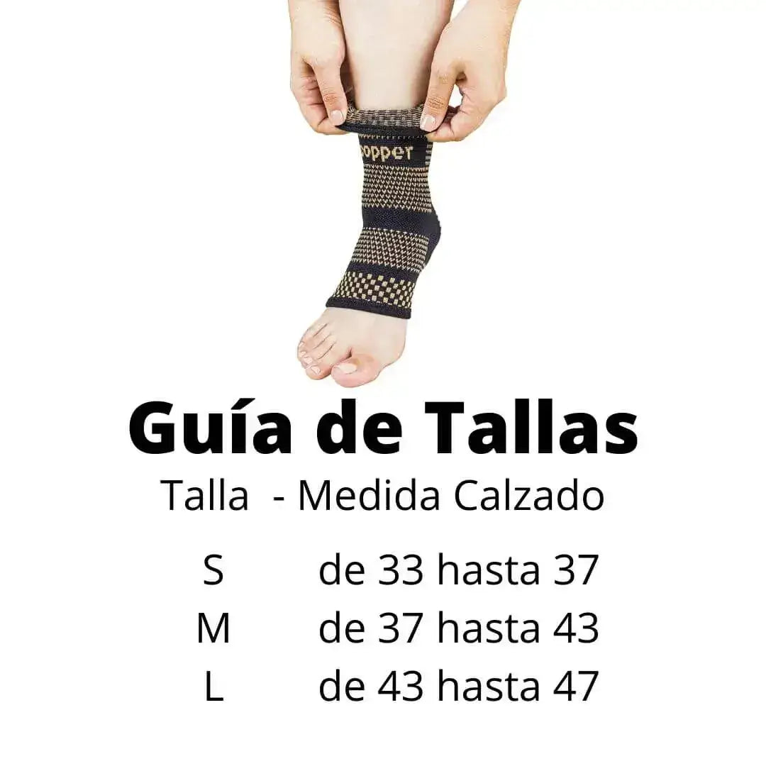 Tabla de medidas y guía de tallas S, M y L según la medida de calzado para la tobillera de compresión de cobre.