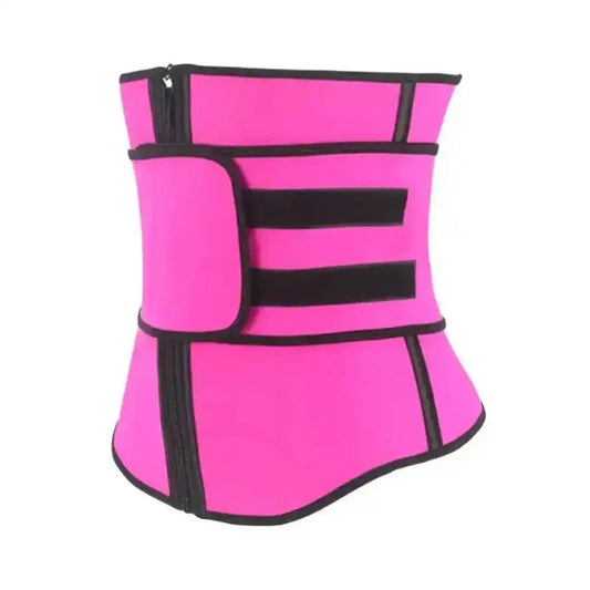 Faja moldeadora de neopreno para mujer en color fucsia con doble banda elástica de velcro y cierre frontal.