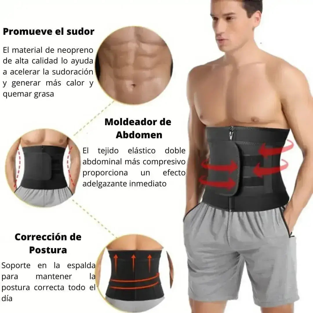 Detalle del sistema de ganchos y broches frontales de tres niveles en la faja reductora para regular la compresión.