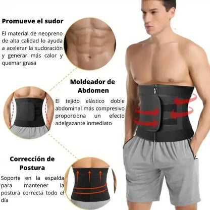 Detalle del sistema de ganchos y broches frontales de tres niveles en la faja reductora para regular la compresión.