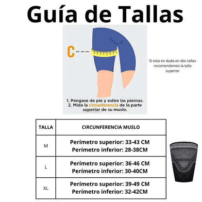 Tabla de medidas y guía de tallas de la M hasta la XL para las musleras elásticas de compresión.