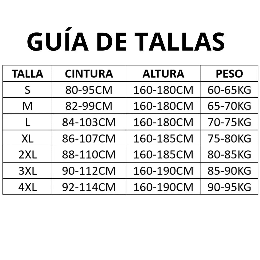 Tabla y guía de tallas según cintura, altura y peso para corrector de postura unisex.