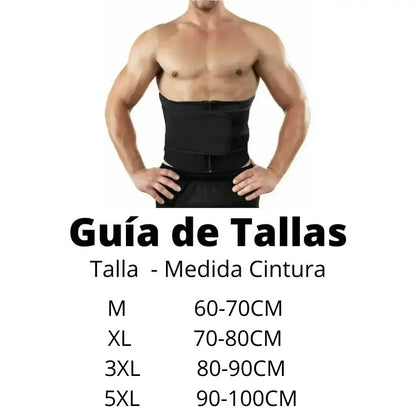 Tabla de medidas y guía de tallas desde la S hasta la XXL para la faja reductora ajustable de abdomen.