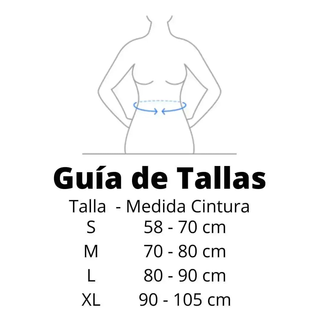 Tabla de medidas de cintura y guía de tallas desde la S hasta la XL para la faja de neopreno femenina.