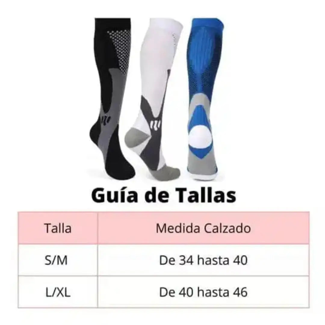 Tabla de medidas y guía de tallas S/M y L/XL según la talla de calzado para medias de compresión deportivas.