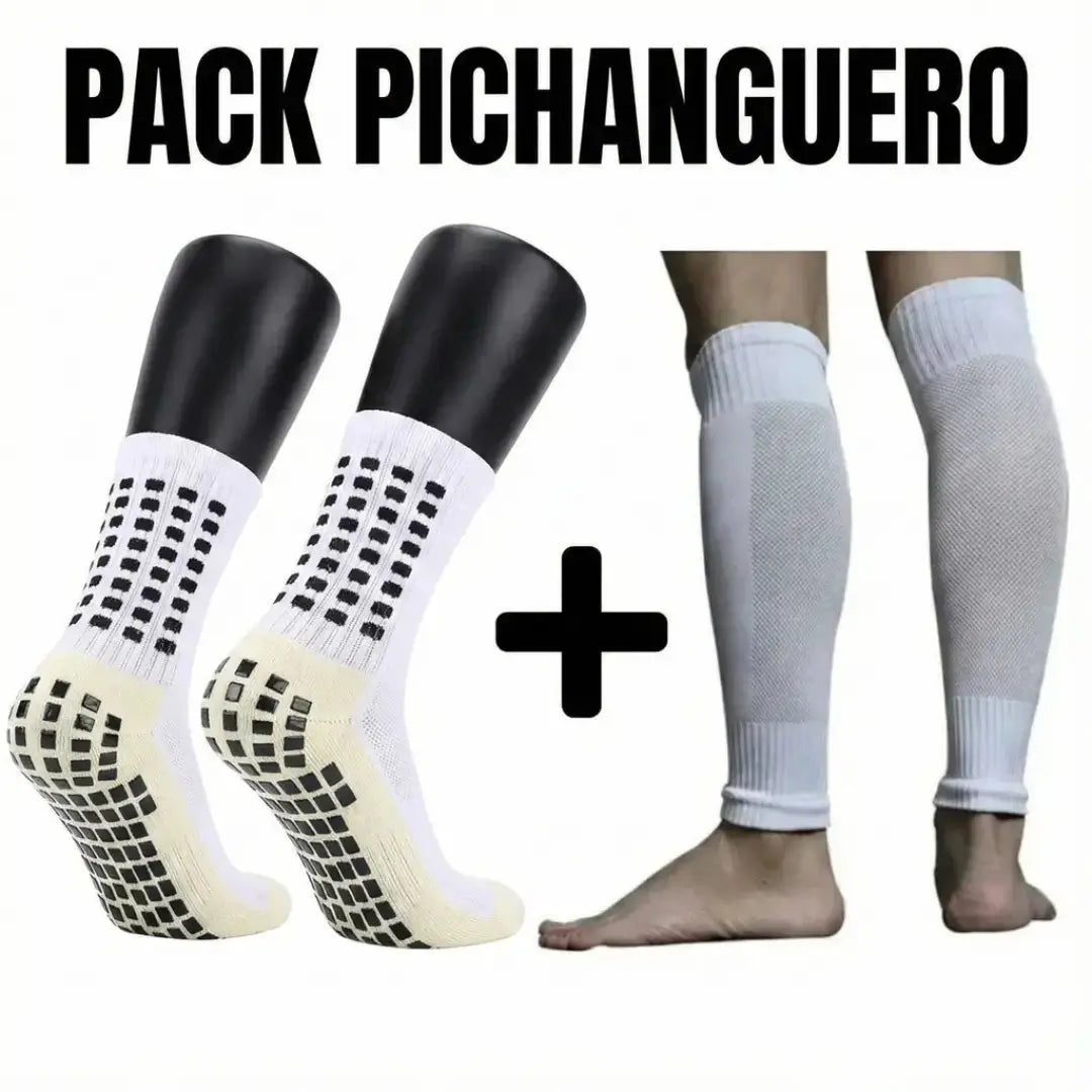 Pack pichanguero color blanco: combinación de medias de fútbol antideslizantes y mangas precortadas de compresión.