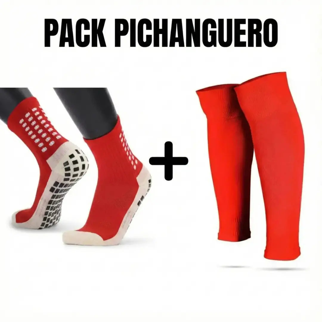 Pack pichanguero color rojo: combo de medias deportivas antideslizantes con mangas elásticas para canilleras.