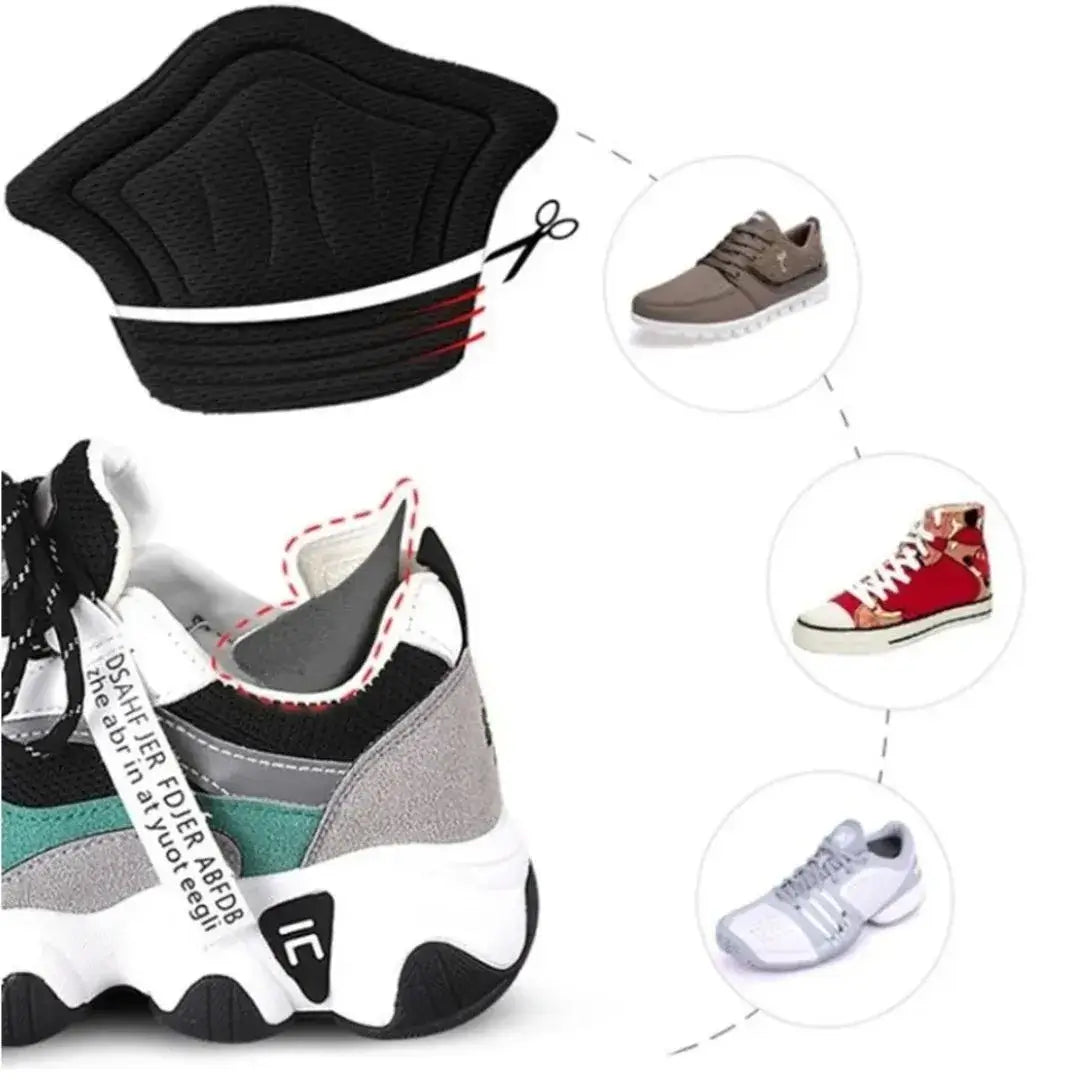 Gráfico que muestra cómo recortar la almohadilla protectora de talón para adaptarla a diferentes tipos de zapatillas y zapatos.