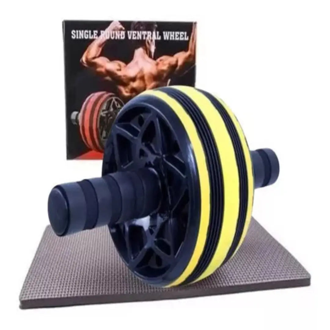 Rodillo de ejercicios para abdominales color amarillo de alta resistencia con colchoneta para rodillas.