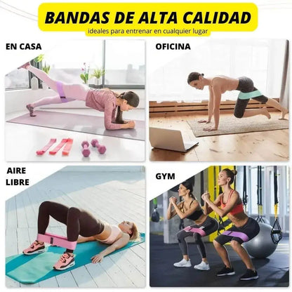 Infografía interactiva que muestra el uso de las bandas de resistencia de tela en casa, oficina, gimnasio y al aire libre.