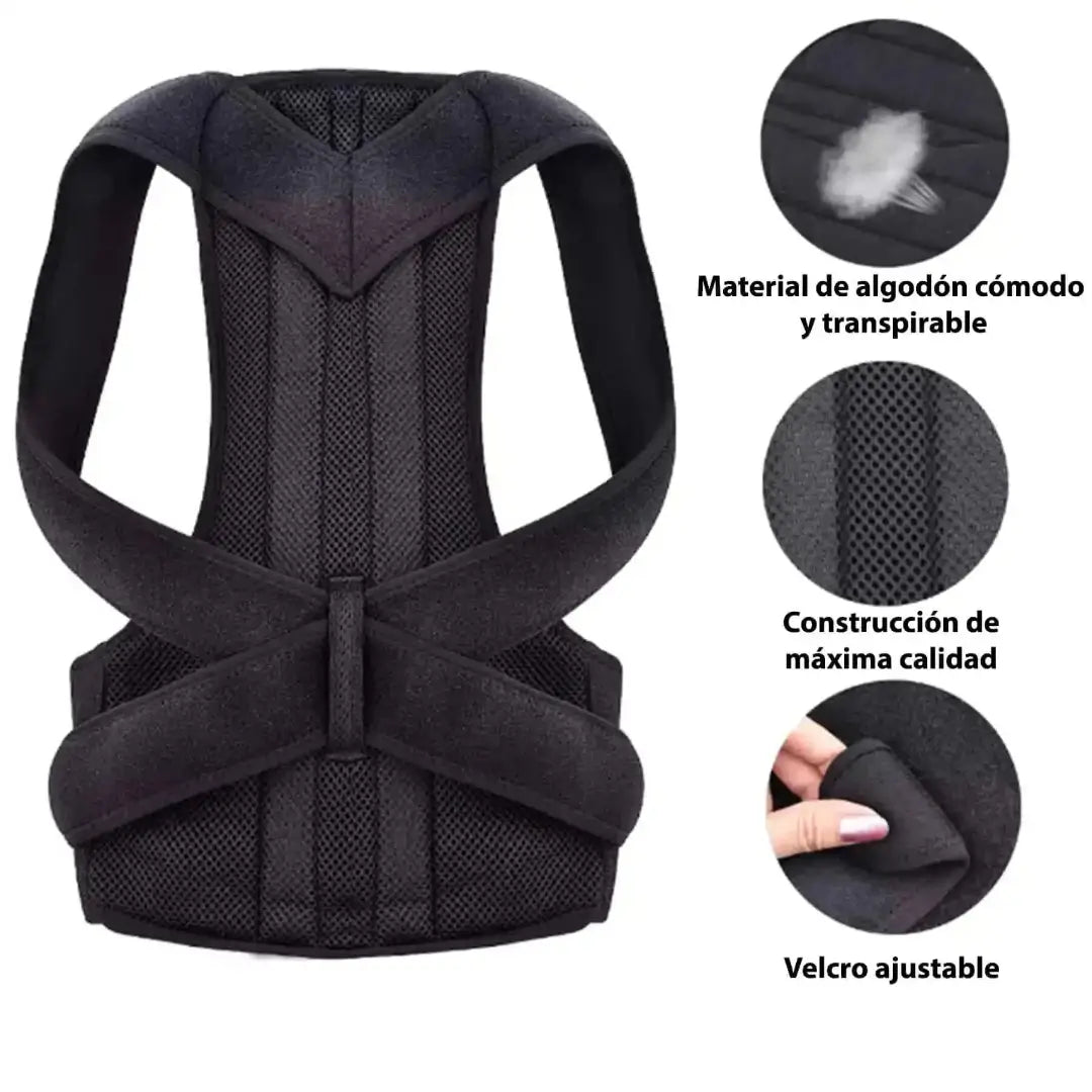 Características del corrector de postura de algodón cómodo, tejido transpirable, máxima calidad y velcro ajustable.