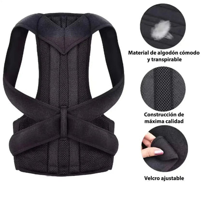 Características del corrector de postura de algodón cómodo, tejido transpirable, máxima calidad y velcro ajustable.