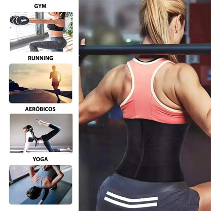Mujer usando faja deportiva de neopreno negra en el gimnasio, con ejemplos de uso para running, aeróbicos y yoga.