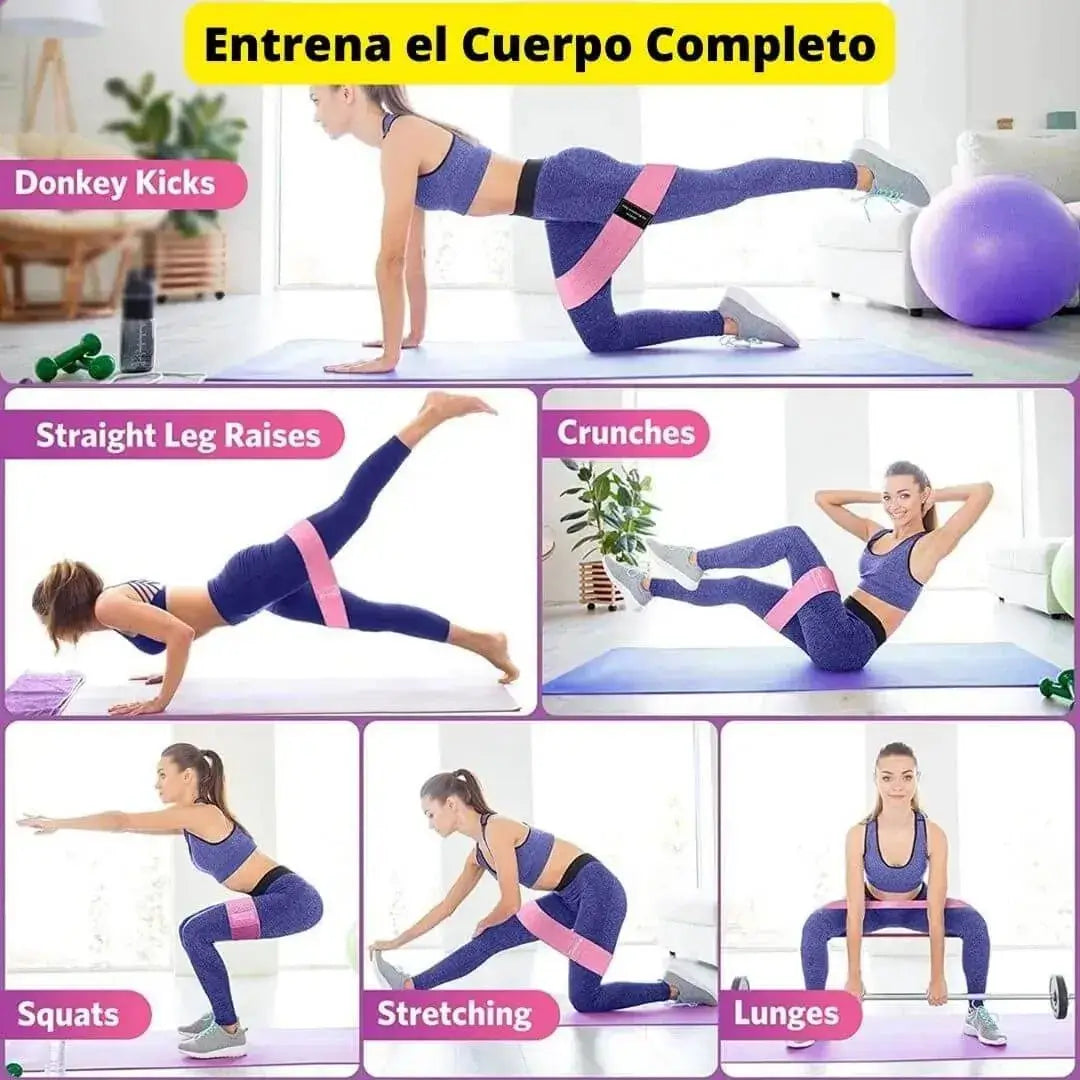 Guía visual de ejercicios con bandas de tela que incluye rutinas de squats, lunges, donkey kicks y elevación de piernas.