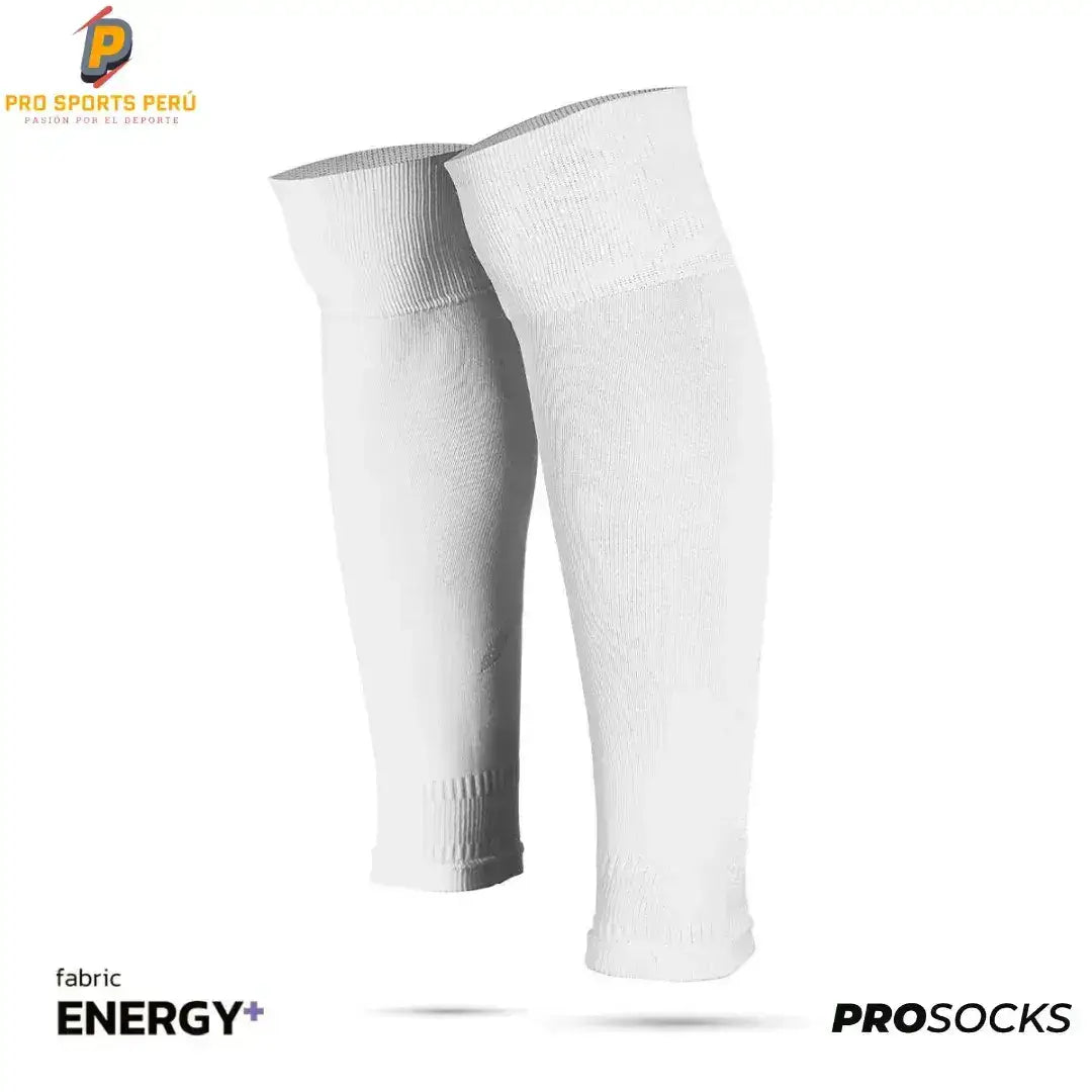 Medias precortadas de fútbol sin pie ProSocks color blanco para sujetar canilleras.