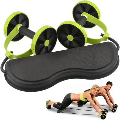 Kit de entrenamiento Revoflex Xtreme con ruedas verdes, ligas elásticas negras, base acolchada e imagen referencial de uso.