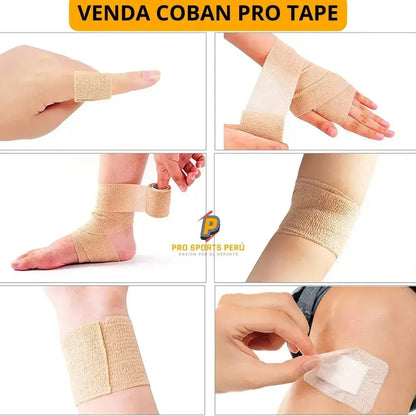 Ejemplos de uso de la venda Coban Pro Tape en dedos, muñeca, tobillo, codo y fijación de apósitos.