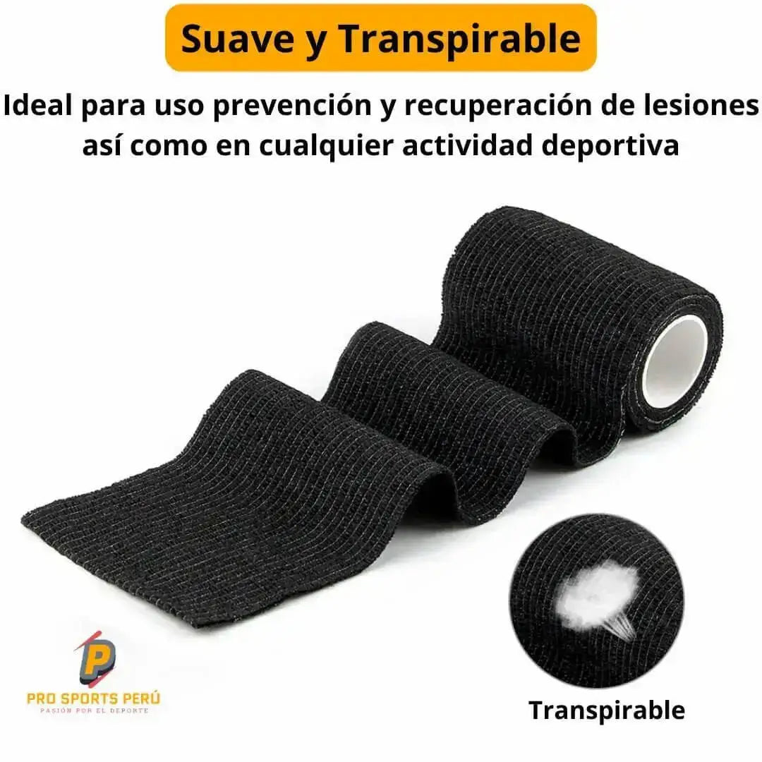 Venda autoadherente Coban color negro suave y transpirable ideal para prevención y recuperación de lesiones deportivas.